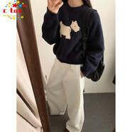 CTOX慵懶風(fēng)提花套頭卡通小狗毛衣女秋冬韓國(guó)寬松針織衫灰色上衣 藏藍(lán)色 S 75-90斤