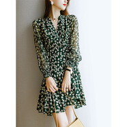 miss nitaly 碎花連衣裙女裝春夏新款小個(gè)子韓版小清新印花V領(lǐng)系帶修身收腰顯瘦氣質(zhì)短款裙子 綠色 S