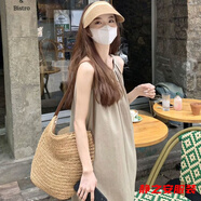 瑪菲萱露背百褶無(wú)袖背心連衣裙夏季氣質(zhì)外穿法式薄款寬松純色韓版連衣裙 卡其色 【+腰帶】 XL (120-135斤)