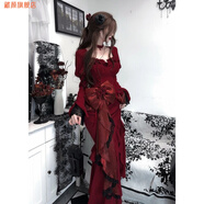藏顏新款微胖設計感蝴蝶結魚(yú)尾連衣裙女氣質(zhì)雅風(fēng)蕾絲玫瑰禮服長(cháng)裙 紅色 M【建議90斤-100斤】