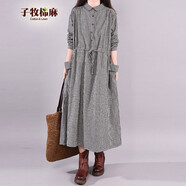 子牧棉麻春裝 女韓版POLO領(lǐng)休閑格子單排扣長(cháng)袖襯衣連衣裙9807 黑格 M(建議110斤以?xún)?