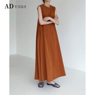 ADVSUS官方品質(zhì)2023夏季日韓chic休閑簡(jiǎn)約寬松大擺無(wú)袖長(cháng)款棉麻連衣裙 棕色 均碼