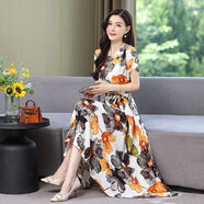尚簡紛大花裙子夏裝棉綢連衣裙情侶修身過膝長裙氣質(zhì)闊太太印花大擺裙 18號色 2XL (建議110-125斤)