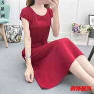 事思衣服女夏天的裙子時尚有口袋小個子純色棉綢連衣裙夏季時尚外穿顯 酒紅色 有口袋 XL 建議110-125斤
