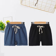 糊圖狗 新款童裝兒童短褲男童棉麻褲夏季熱褲寶寶短褲女童薄款沙灘褲 藏青色+黑色（棉麻短褲） 140