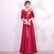 麗佰昕大合唱演出服女長(cháng)裙合唱禮服宴會(huì )聚會(huì )主持人年會(huì )晚禮服金色服裝冬 酒紅色 M