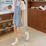 韓秋夢(mèng)牛仔背帶褲女短褲夏季2022新款寬松韓版學(xué)生a字闊腿熱褲百搭ins潮 復古淺【今夏新品】 S