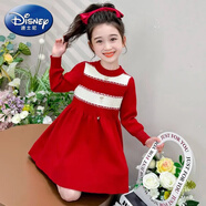 迪士尼（Disney）女童長(cháng)袖珍珠韓版毛衣連衣裙2024春秋裝兒童洋氣拼色毛線(xiàn)衣公主裙 紅色 90