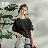 日著原創(chuàng)設(shè)計女裝2024夏季新款上衣寬松圓領(lǐng)短袖拼接毛邊針織T恤 光斑黑 L