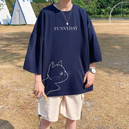 執琴之手夏季新款冰絲七分袖T恤男潮流胖子寬松上衣服韓版休閑中袖體恤男 Q11149藏青色 L