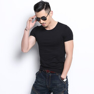 禁忌領(lǐng)短袖t恤男純色2021夏季韓版修身圓領(lǐng)小白t衣服緊身運動(dòng)T恤打底衫 黑色 M(體重115斤以下)