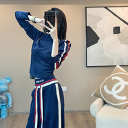 OYZ香港潮牌秋季小香風(fēng)休閑運動(dòng)套裝女時(shí)尚減齡修身顯瘦衛衣闊腿褲兩件套洋氣 藏青色加絨套裝 L