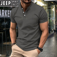 JEEP SPIRIT2025新款美式復古T恤男歐美夏季純色短袖男士時尚亨利領打底上衣 灰色 XL 尺碼偏大點