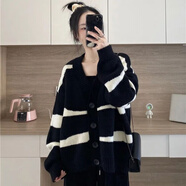 顏隨拼色斑馬紋針織開衫秋冬寬松女毛衣外套女新款春秋感歐美 黑色 S