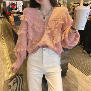 AEMAPE女裝2025春秋冬季蕾絲針織衫女洋氣設計感小眾針織開(kāi)衫毛衣女 粉色 S _建議80-100斤