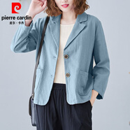 皮爾卡丹（pierre cardin）棉麻寬松小西裝女裝外套2026春夏秋新款薄款復古休閑亞麻顯瘦西服 天藍色 XL (115-130斤)