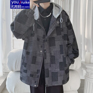 尤芮軻胖子大碼240斤撞色格子夾克男秋冬加大碼痞帥牛仔衣寬松連帽外套 JK6007黑色 XL 130-140斤