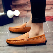 沙弋休閑豆豆鞋男夏季一腳蹬新品透氣皮鞋懶人鞋樂(lè )福鞋軟底男百搭時(shí)尚 棕色 39