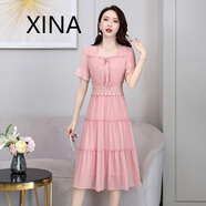 犀納（XINA）潮牌高端蕾絲裙子夏2024新款短袖中長款A(yù)字雪紡裙修身顯瘦連衣裙 粉色（優(yōu)質(zhì)版） 2XL 113-125斤