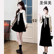圣保美黑色小香風(fēng)連衣裙秋冬季2024新款女士小個(gè)子氣質(zhì)韓系裙子顯瘦長(zhǎng)裙 黑色【短款】 S碼