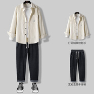 摘星少年衣服男燈芯絨外套男士套裝春秋加厚2024男裝一套夾克襯衫三件套 米白色兩件套外套+牛仔褲 M