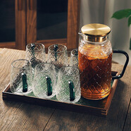 華行 家用杯具茶杯涼水壺杯子透明玻璃壺水杯套裝復古冷水壺 復古把杯6只+復古水壺+胡桃木綠色托盤(pán)
