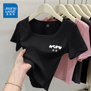 真維斯（JEANSWEST）簡約風t恤女夏季韓版緊身顯瘦方領短款短袖女裝休閑百搭半袖小衫 黑色 貓咪白_K M