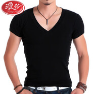 浪莎（LangSha）男式緊身T恤男款短袖大V領(lǐng)健身上衣韓版修身型超爽滑高彈力萊卡棉 黑色 L 適合身高165-170