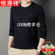 恒源祥純羊毛絨衫秋冬季圓 領(lǐng)男士針織長(zhǎng)袖t 恤薄 款打底衫保暖毛衣男 2117黑色 L (170)