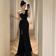 雷黛茜名媛晚禮服女新款氣質(zhì)斜肩收腰高級感開(kāi)叉長(cháng)裙修身顯瘦包臀裙 黑色 普通版 S