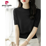 皮爾卡丹（pierre cardin）高級(jí)法式半高領(lǐng)短款t恤上衣女夏季2024新款短袖冰絲針織打底衫薄 黑色冰絲面料 XL 建議130-150斤