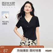 熙世界（sllsky）不規(guī)則開(kāi)叉黑色T恤短袖女裝2025新款設(shè)計(jì)感修身正肩V領(lǐng)上衣t恤 高雅黑 L