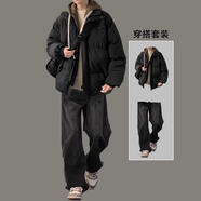 唐號假兩件棉服男款冬季寬松休閑加厚保暖棉衣外套日系潮流連帽棉襖子 8809黑色棉服+黑色牛仔褲 L