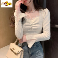 初徑小香風(fēng)喇叭袖方領(lǐng)上衣女秋冬蕾絲邊加厚針織衫打底衫內搭毛衣氣質(zhì) 米白色【加絨版】 L 建議110-120斤