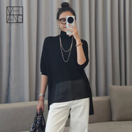 美洋（MEIYANG）墨紗針織衫綿羊毛混紡網(wǎng)紗拼接寬松高領(lǐng)長(cháng)袖上衣時(shí)尚氣質(zhì)針織衫女 黑色 L