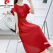 皮爾卡丹（pierre cardin）棉綢連衣裙夏波西米亞背心長裙碎花沙灘裙女海邊度假人造棉印花裙 蝙蝠袖酒紅 2XL建議120-135斤
