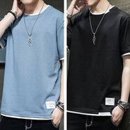 軒萊雅 短袖t恤男裝夏裝半袖打底衫男士寬松圓領(lǐng)衣服簡(jiǎn)約T恤男內搭上衣 假兩件純色 藍色+黑色130假兩件 L