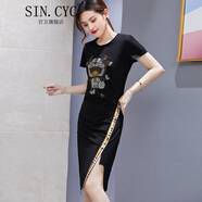 SIN.CYC女裝休閑連衣裙女長款夏季不規(guī)則開叉重工燙鉆氣質(zhì)設(shè)計感小眾 黑色 M