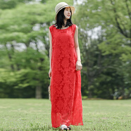 亂在江南剪花絲綿仙氣長裙夏季新品一字領(lǐng)文藝休閑氣質(zhì)優(yōu)雅連衣裙 紅色 M