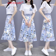 YUEXUNZI夏季新款女裝法式甜美初戀連衣裙雪紡碎花兩件套套裝裙子超仙森系 藍色 M(建議95-108斤)