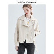VEGA CHANG機車(chē)皮衣女秋季西裝領(lǐng)BF風(fēng)帥氣pu皮夾克短外套ins潮 米杏色 M