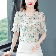怡曼芙雪紡衫女短袖碎花2025夏裝新款寬松顯瘦遮肚女士小衫減齡洋氣上衣 藍(lán)色 XL -建議115-125斤