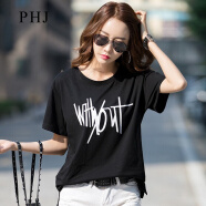 PHJ 短袖t恤女宽松夏季新款韩版显瘦体恤打底衫女士印花圆领上衣 黑色 S（90-105斤）