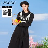 LAGOGO氣質(zhì)兩件套條紋背心泡泡袖連衣裙拉谷谷春秋新品氣質(zhì)連衣裙 黑色(W1) S