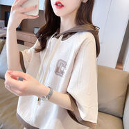 懷典帶帽短袖t恤女2024夏新款百搭短袖連帽洋氣小衫短款上衣休閑 杏色 M 建議80-110斤