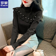 羅蒙（ROMON）2025秋冬新款設(shè)計(jì)感半高領(lǐng)打底衫女設(shè)計(jì)感針織荷葉邊重工釘珠打底 黑色 XL 125-135斤