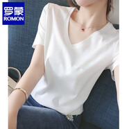羅蒙（ROMON）品牌絲光棉短袖t恤女夏季新款女裝純棉寬松V領(lǐng)上衣雞心領(lǐng)體恤 高端品牌白色V+高檔品牌 L
