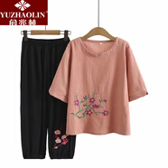 俞兆林（YUZHAOLIN）母親節(jié)中老年女裝中老年胖媽媽時(shí)尚套裝夏季民族風(fēng)棉麻短袖上衣休 皮粉色套裝 XL _[100-120斤左右]