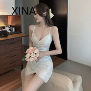 xina 香港潮牌吊帶收腰顯瘦短裙亮片緊身包臀裙不規(guī)則v領(lǐng)低胸性感夜總店連衣裙夏季小個子裙子 白色 L