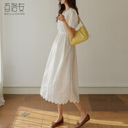 百洛安精致刺繡鏤空連衣裙女夏新款別致V領短袖顯瘦A字法式棉長裙 白色 S